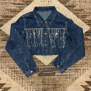 Emerson Lang Studded Blue Jean Jacket With Rhinestone Fringes size L